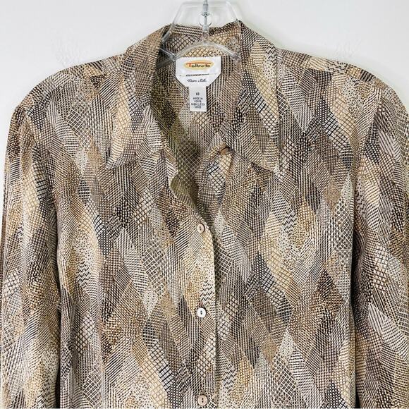 Vintage Talbots tan cream silk mixed print office preppy button front top 10 - Picture 2 of 6